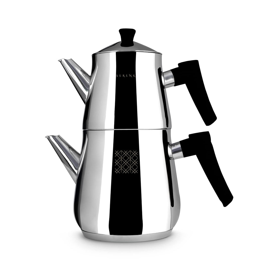 Serenk Edelstahl-Teekannen-Set, 1L &amp; 2L, Doppelstöckig, Induktionsgeeignet, Schwarzer Griff Silber/S