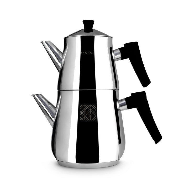 Serenk Edelstahl-Teekannen-Set, 1L &amp; 2L, Doppelstöckig, Induktionsgeeignet, Schwarzer Griff Silber/S