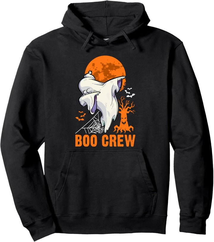 Dabbing Ghost, Halloween, Orange Moon, Boo Crew Pullover Hoodie