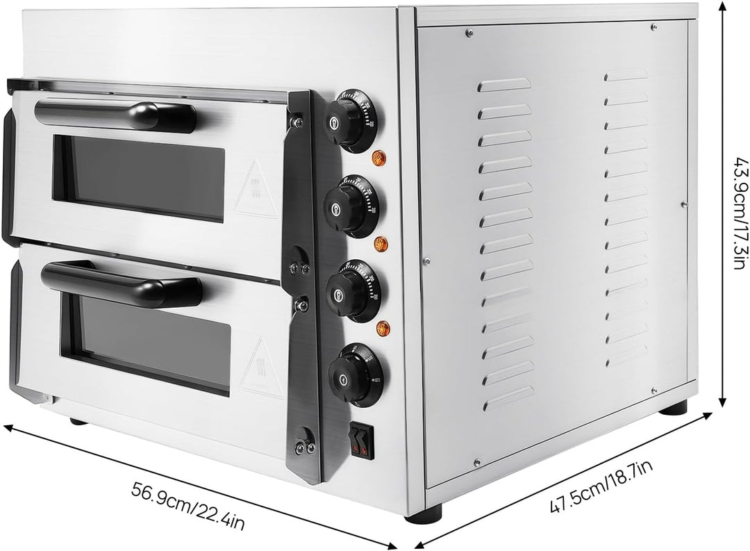 2-Etagen Pizza-Ofen 3000W Elektrischer Pizzaofen Edelstahl Elektrisch Gastro Steinbackofen mit Hands