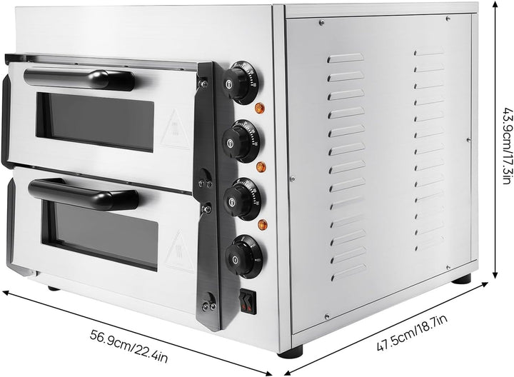 2-Etagen Pizza-Ofen 3000W Elektrischer Pizzaofen Edelstahl Elektrisch Gastro Steinbackofen mit Hands