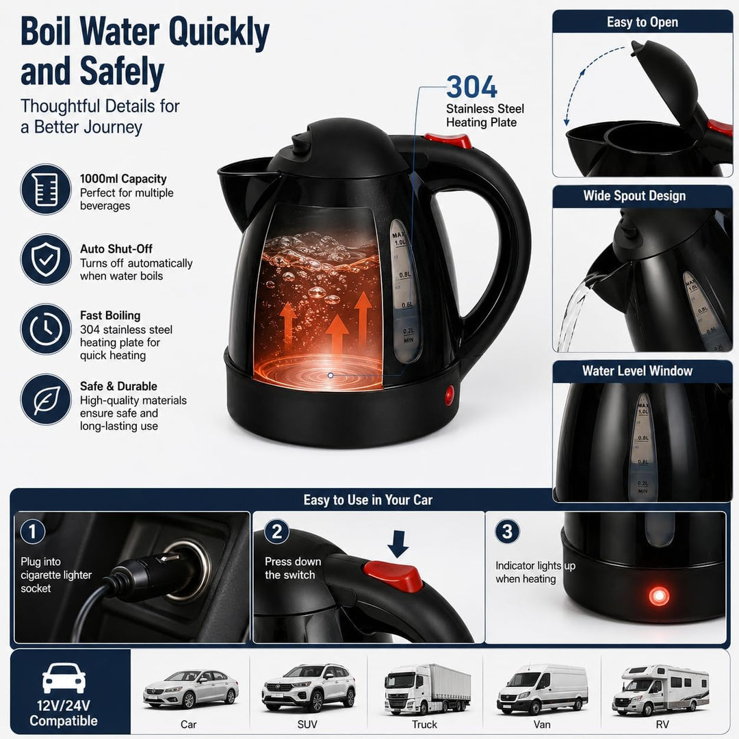 Auto Wasserkocher 1L Tragbare Reisekocher für Auto Reisen Camping mit automatischer Abschaltung aus
