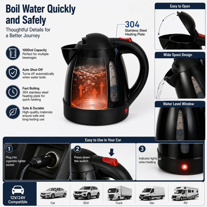Auto Wasserkocher 1L Tragbare Reisekocher für Auto Reisen Camping mit automatischer Abschaltung aus