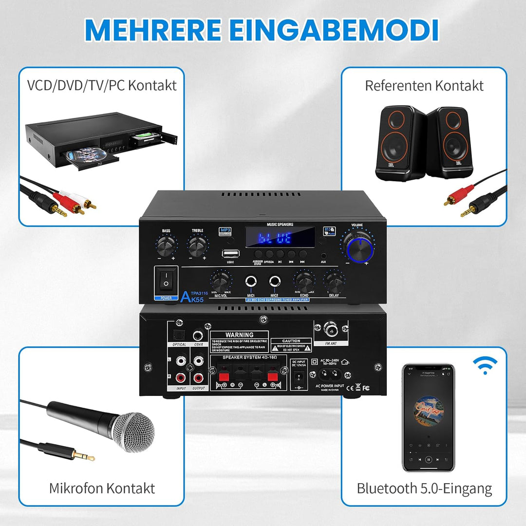 HiFi-Verstärker AK55 Bluetooth Stereo-Audioverstärker Receiver 2 Kanäle 70WX2 Max. 600W Digitale End
