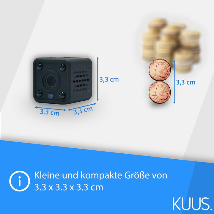 KUUS C2 Mini Kamera mit Bewegungsmelder: kompakte und mini Überwachungskamera innen, mini Kamera liv