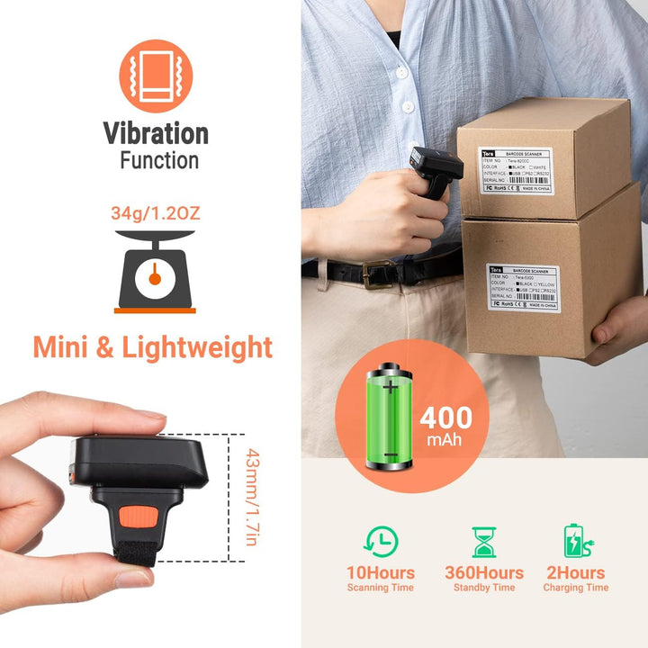 Tera Pro Series Mini CMOS Ring Barcode Scanner 1D 2D QR Barcode Scanner Wireless Bluetooth &amp; Wireles