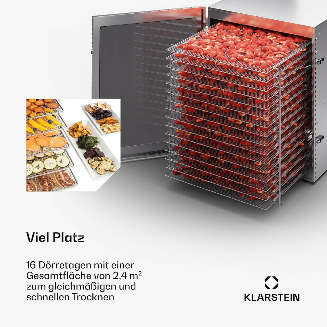 Klarstein Dörrgerät, Dörrautomat für Gemüse, Obst, Pilze &amp; Fleisch, 1500W Edelstahl-Dörrautomat, Tro