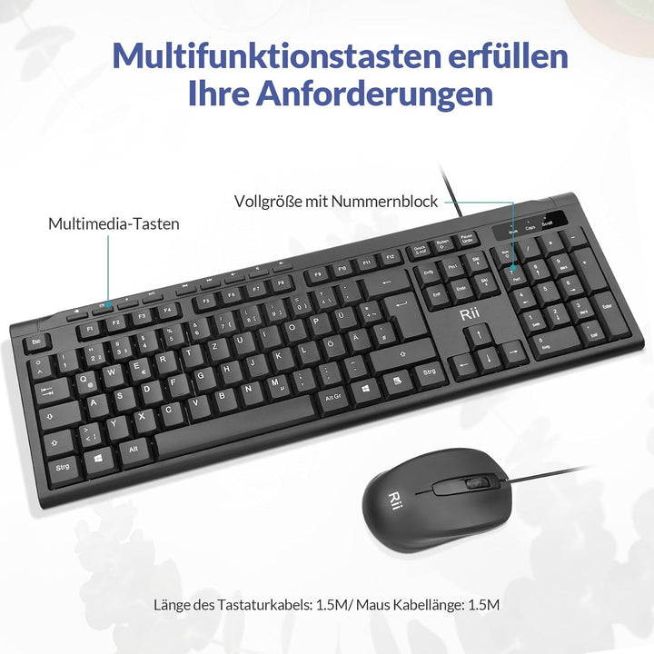 Rii Kabelgebundenes Tastatur-Maus-Set, PC Tastatur mit Kabel, Spritzwassergeschützt, Ergonomisch, US