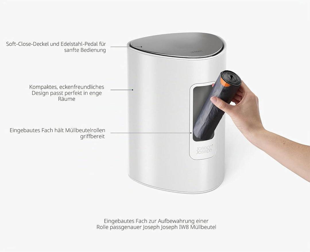 Joseph Joseph EasyStore 5L Treteimer, Edelstahl Mülleimer mit Mülltütenfach, Soft-Close, Bad &amp; Schla