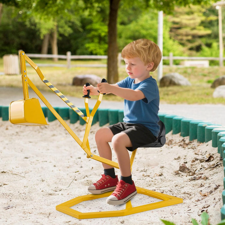 DREAMADE Kinder Bagger für Sandkasten, Metall-Aufsitzbagger mit 360° drehbarem Sitz, Flexibler Schau