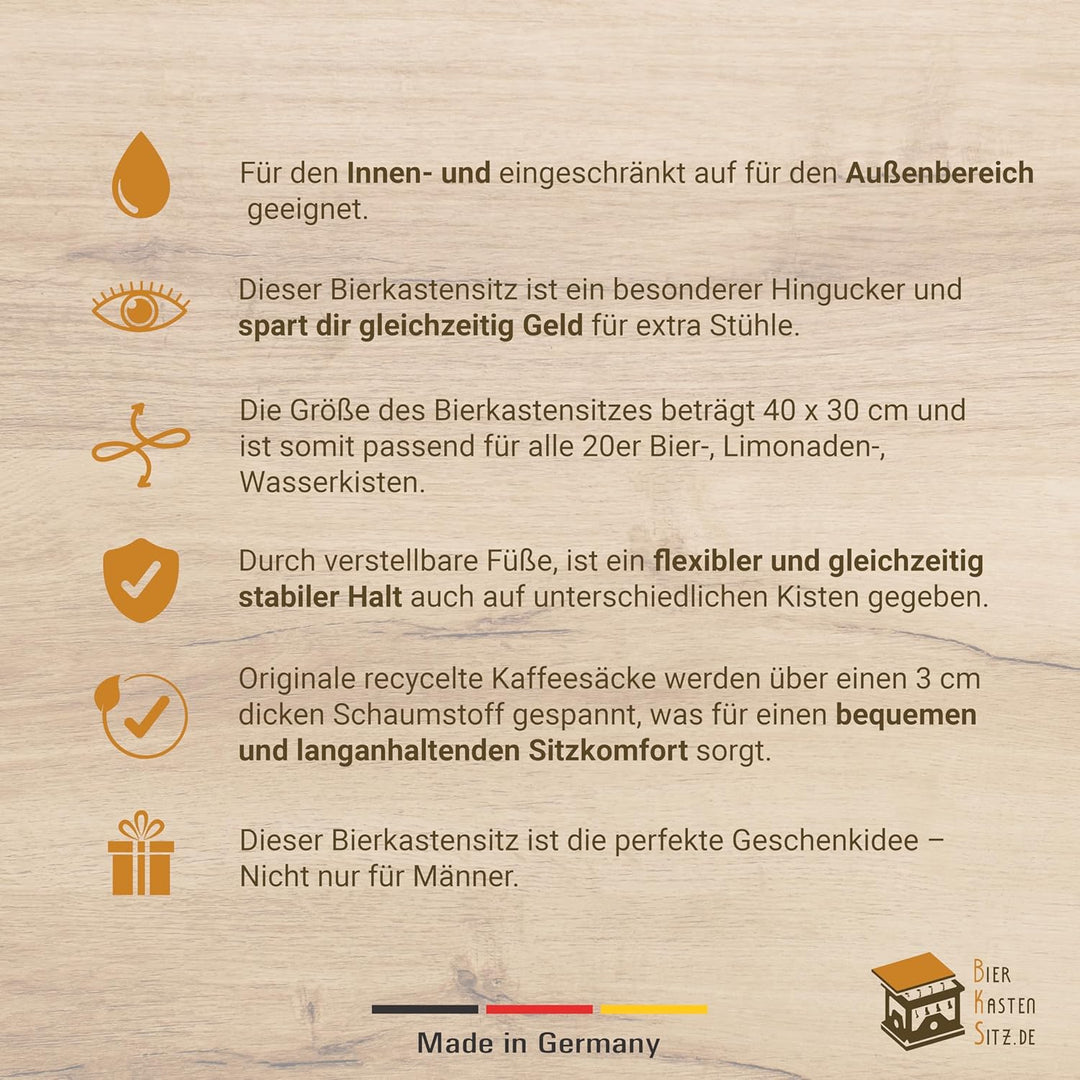 gepolsterter Bierkastensitz, Hocker, Sitzauflage für Getränkekisten mit echtem originalen Kaffeesack