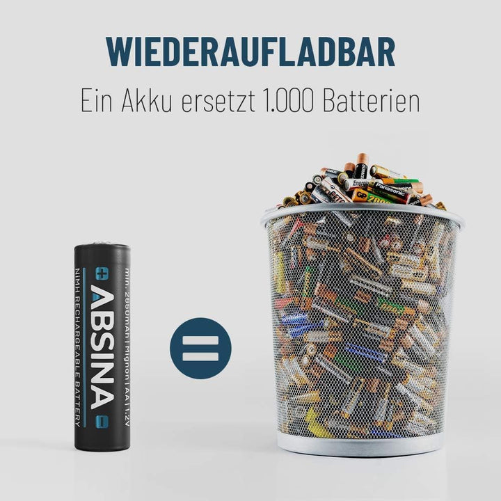 ABSINA Akku AA wiederaufladbar 2900 16er Pack - NiMH AA Akku mit 1,2V &amp; min. 2650mAh - Aufladbare Ba