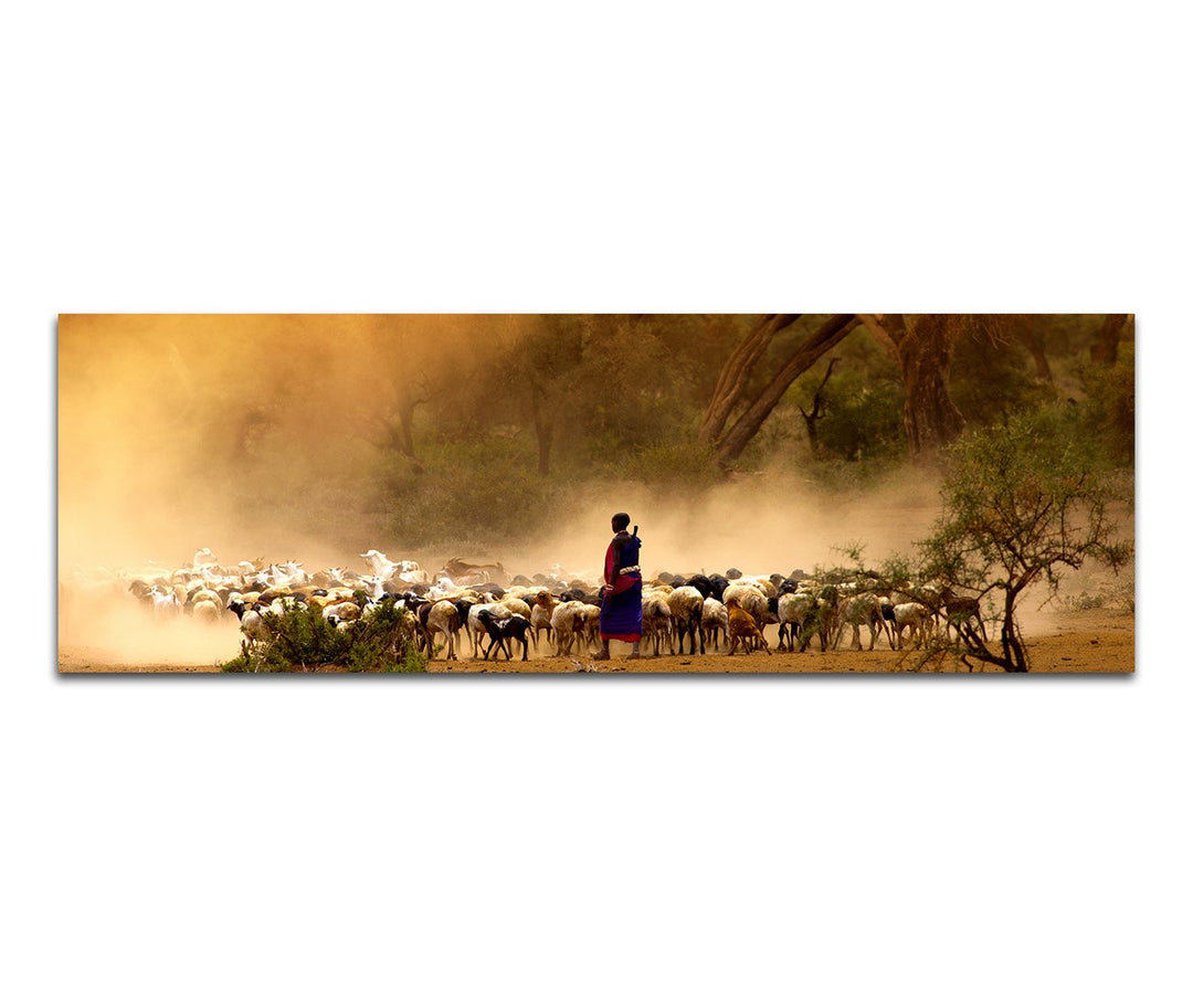 Paul Sinus Art Panoramabild auf Leinwand und Keilrahmen 120x40cm Afrika Hirte Schafherde Bäume Nebel
