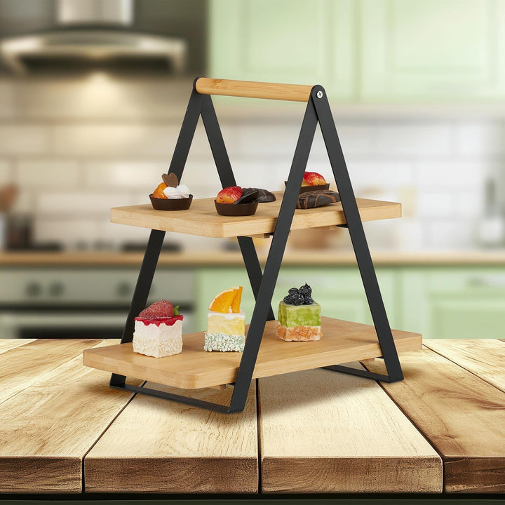 Relaxdays Etagere, 2 Etagen, Bambus, Metall, länglich, Griff, Kuchen, HBT 33 x 34 x 19 cm, Servierst