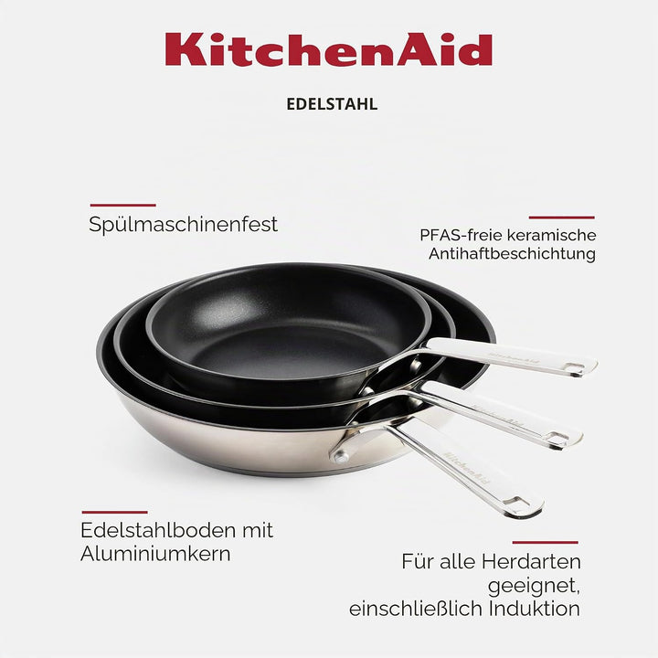 KitchenAid Stainless Steel 20cm, 24cm & 28cm Bratpfannen-Set, PFAS-Freie Gesunde Keramische Antihaft