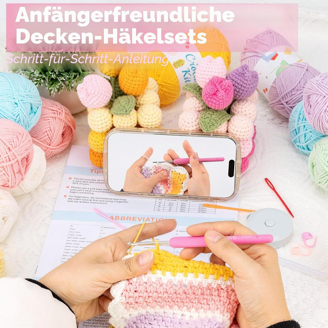 Alvian Häkelset für Anfänger, Regenbogen-Decke, Häkeln, DIY-Strick-Starter-Set, enthält Garn, Metall