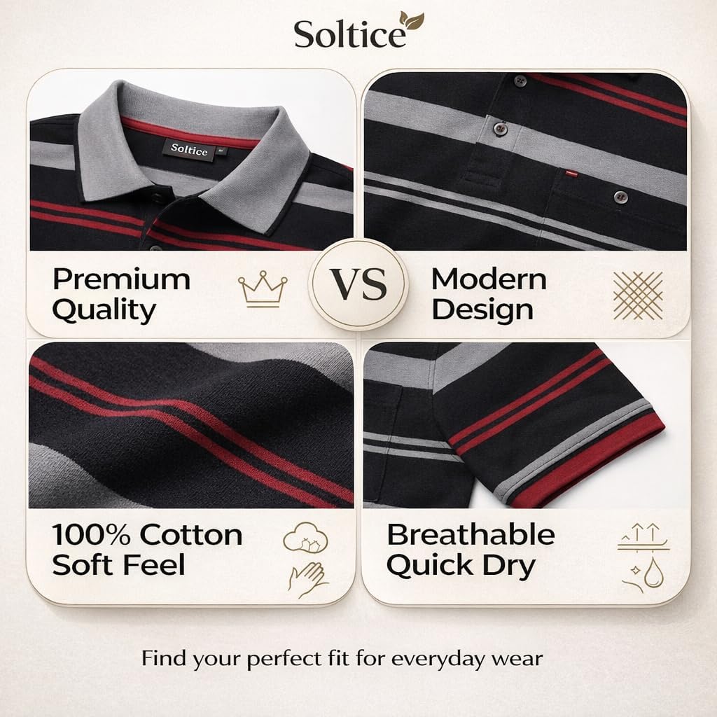 Soltice Herren Kurzarm Poloshirt, Polohemd Kragen, Gestreifte Blousonshirt mit Brusttasche aus Baumw
