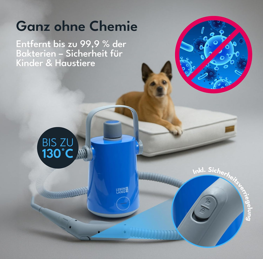 LEBENLANG Dampfreiniger Handgerät Steam Cleaner - 1000W & 300ml mit 9 Zubehör | Polsterreiniger Gerä
