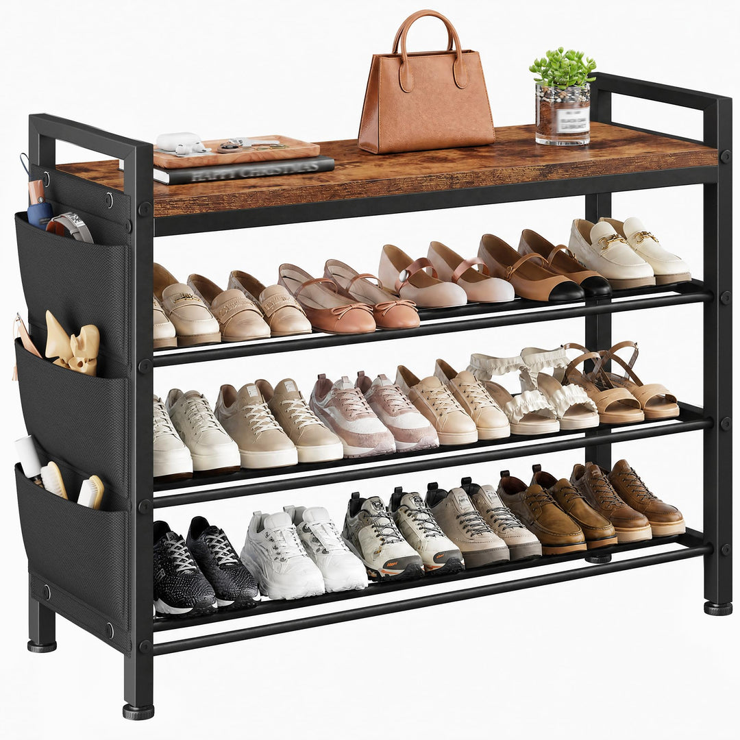 Schuhregal platzsparend 4 Ebenen für 12-16 Paar, Schuhschrank schmal mit Seitentaschen, Schuhregal H