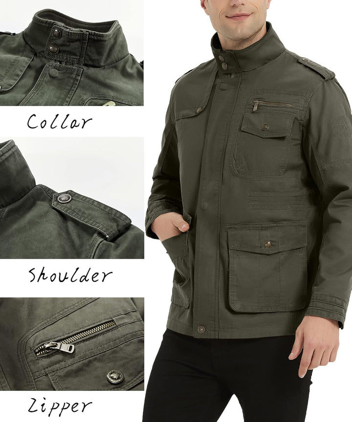 MERCIYD Herren Übergangsjacke Cargo Jacke Männer Stehkragen Baumwolle Jacke Multi Taschen Armeejacke
