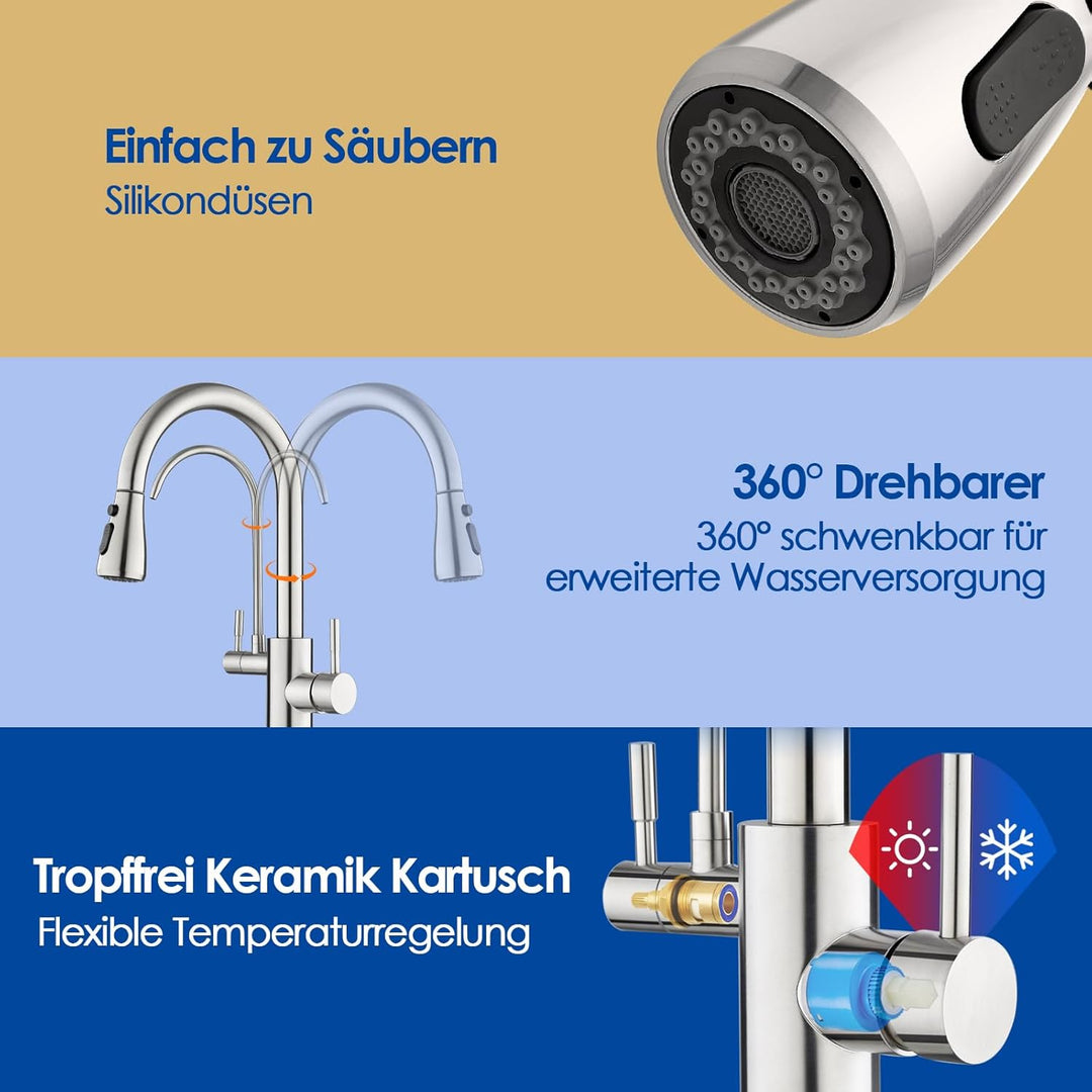 ROVOGO 3 Wege Wasserhahn Küche mit Filter, Hochdruck Küchenarmatur mit Brause Ausziehbar, Doppelhebe