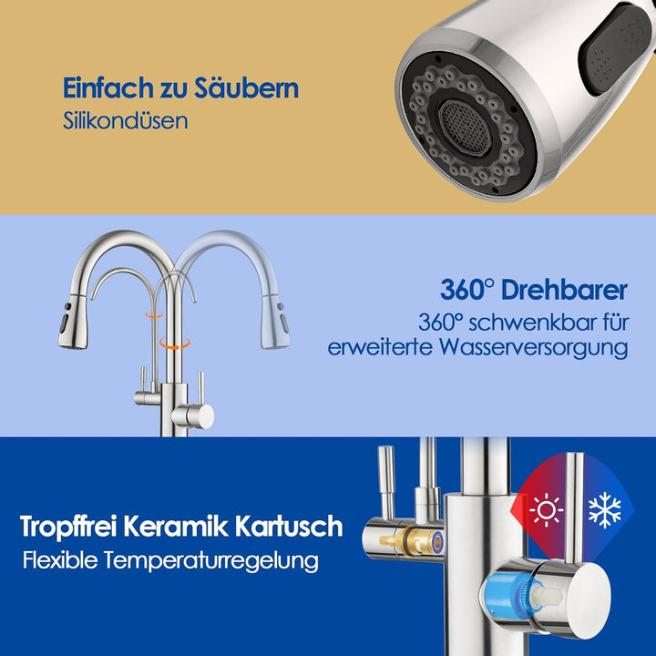 ROVOGO 3 Wege Wasserhahn Küche mit Filter, Hochdruck Küchenarmatur mit Brause Ausziehbar, Doppelhebe