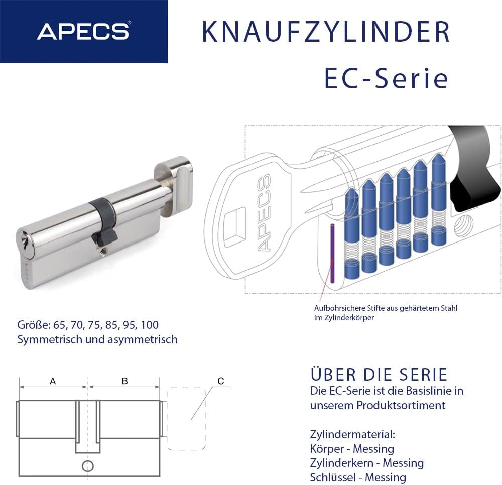 Knaufzylinder APECS Schliesszylinder mit Knauf Zylinderschloss 100(40C/60) mm fur Türschloss Haustür
