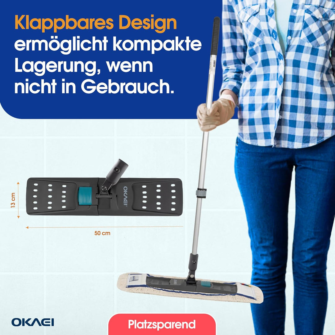 OKAEI Mophalter 50 cm + Alu Teleskopstiel 80–145 cm – Set – Profi Bodenwischer-System mit 360° Drehk