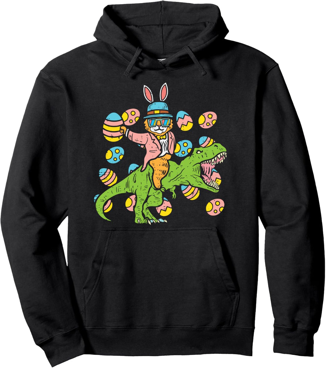 Cat Easter Bunny Riding Dino Trex Egg Hunt Dinosaur Boys Kid Pullover Hoodie