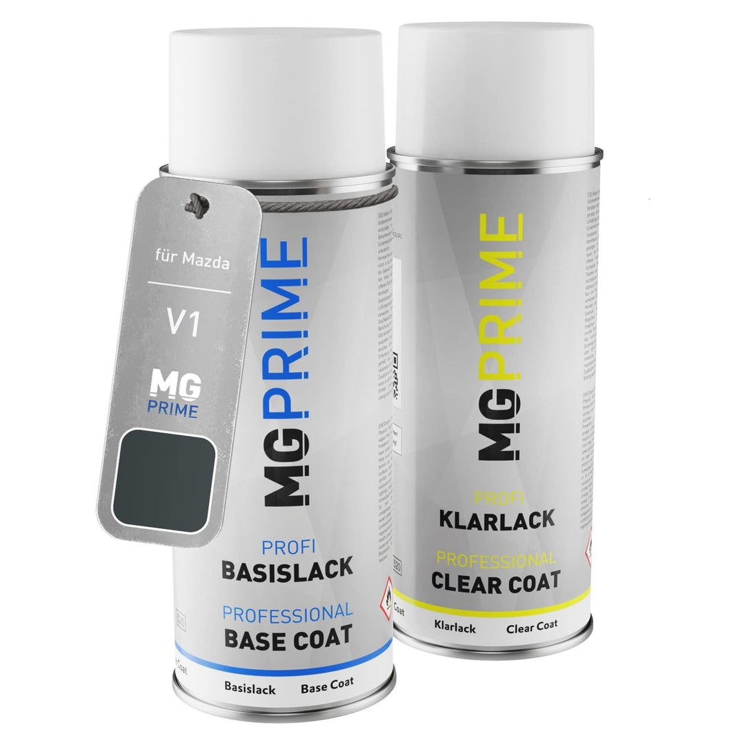MG PRIME Autolack Sprühdosen Set für Mazda V1 Mousy Grey Metallic Basislack Klarlack Spraydose 400ml