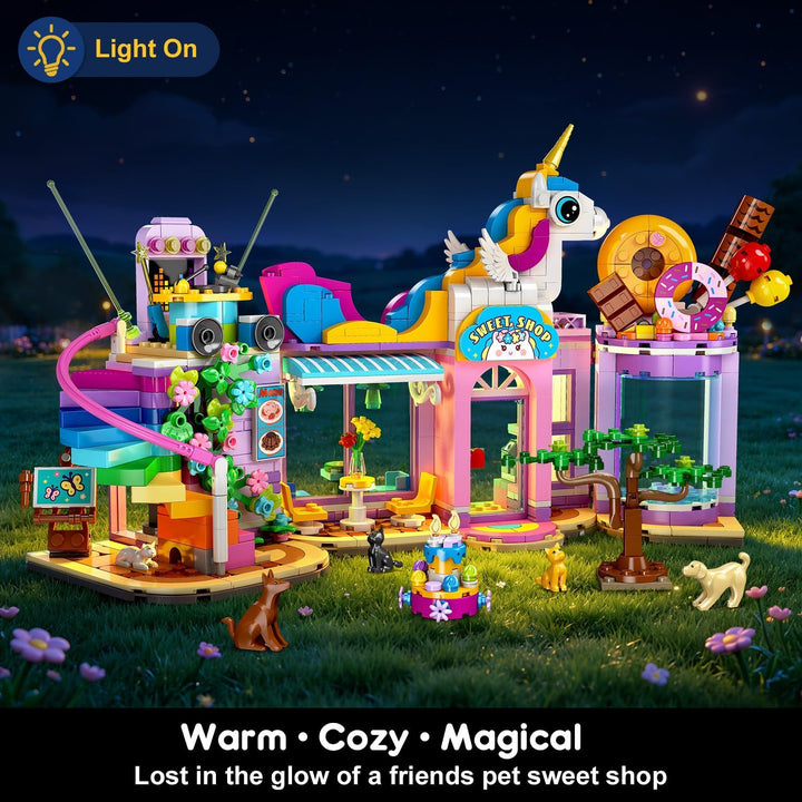 HOGOKIDS Friends Mädchen Dessertladen Bausatz mit LED, zusammenklappbar | 3 Anzeigemodi Süsswarenlad