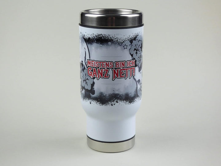 Totenkopf Edelstahl Thermobecher mit Spruch 'Meistens bin ich ganz nett' – 470ml Reisebecher, Handbe