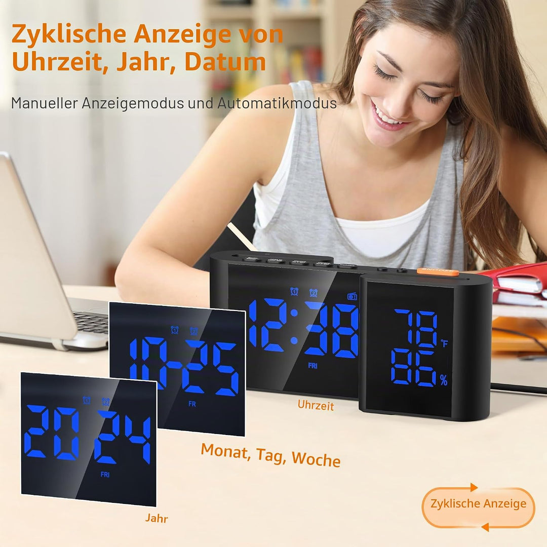 Lancoon Digitaler Radiowecker 6'' Spiegel LED Uhr mit Luftfeuchtigkeit und Temperatur Duale Alarmein