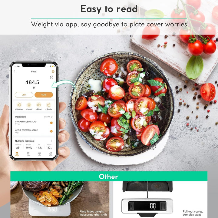 arboleaf Küchenwaage digital mit app 10kg/0,5g, Kalorien Waage USB aufladbar Lebensmittelwaage mit K