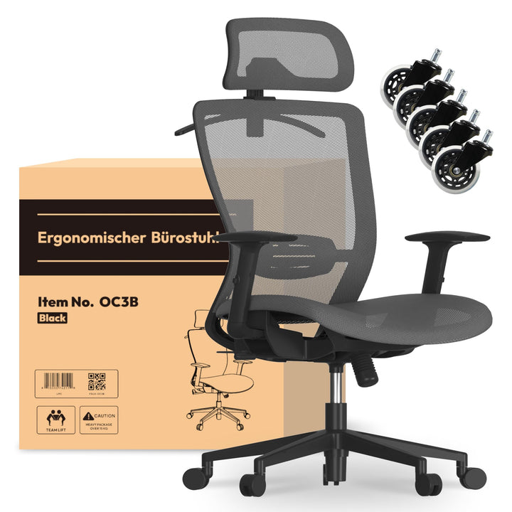 FLEXISPOT OC3 Ergonomischer Bürostuhl, Schreibtischstuhl mit Verstellbarer Kopfstütze &amp; Lendenstütze