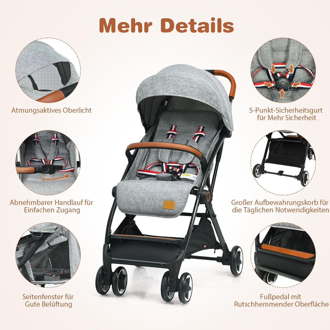 COSTWAY Kinderwagen Einhand Faltbar, Kinderbuggy mit verstellbare Rückenlehne &amp; Verdeck, Reisebuggy