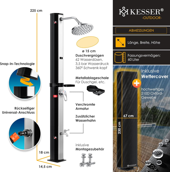 KESSER® Solardusche 60L Gartendusche, Solar Dusche für Garten &amp; Pool mit warmem Wasser, Pooldusche o