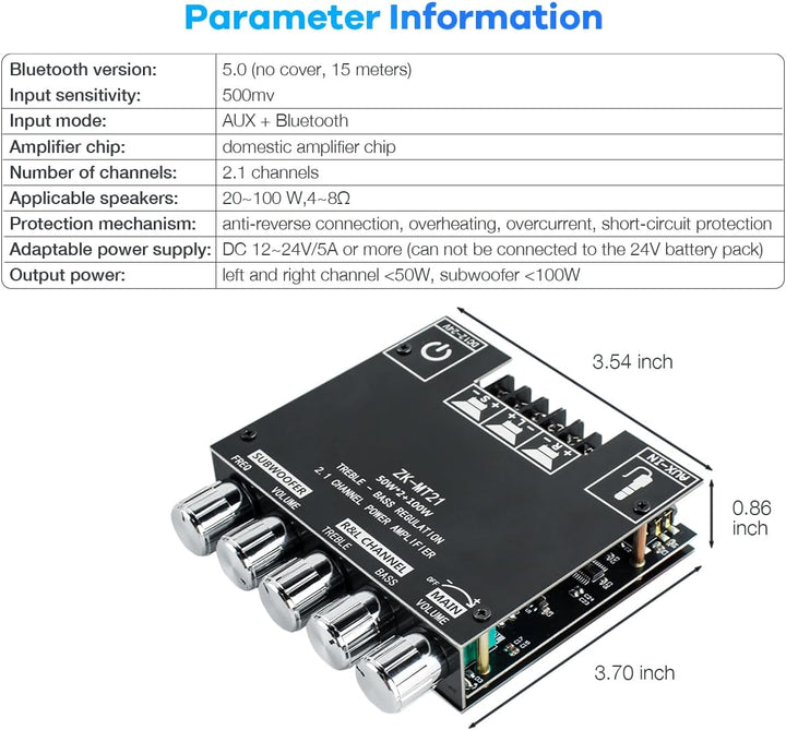 Hosyond ZK-MT21 2.1 Kanal Bluetooth Verstärker 50W+50W+100W Höhen Bass Regler für DIY Heimkino Lauts