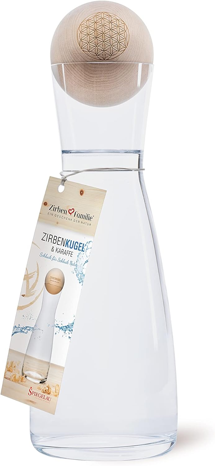 ORIGINAL ZirbenKugel Set „Blume des Lebens“ • 1 Liter Glaskaraffe Spiegelau mit natürlich duftender