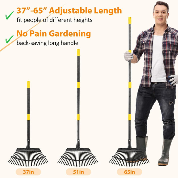 Gartenrechen 25 Zinken, Laubrechen 45 cm breit, Rasenrechen mit ergonomischem Griff 165cm, Stabiler