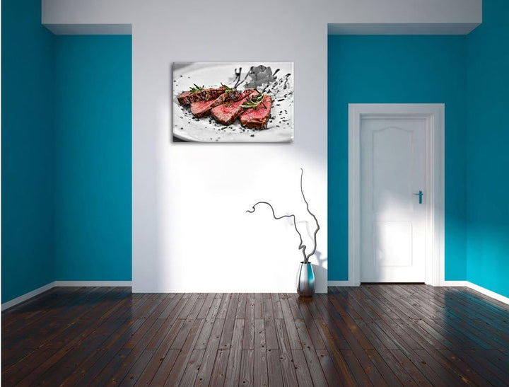Pixxprint saftiges Carpaccio B&amp;W Detail, Format: 100x70 auf Leinwand, 100x70