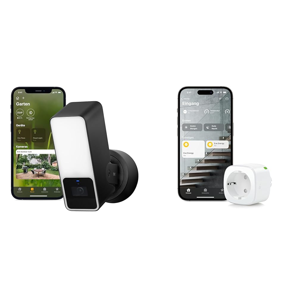 Eve Outdoor Cam – Smarte Überwachungskamera mit Flutlicht, Nachtsicht & Energy (Matter) – Smarte Ste