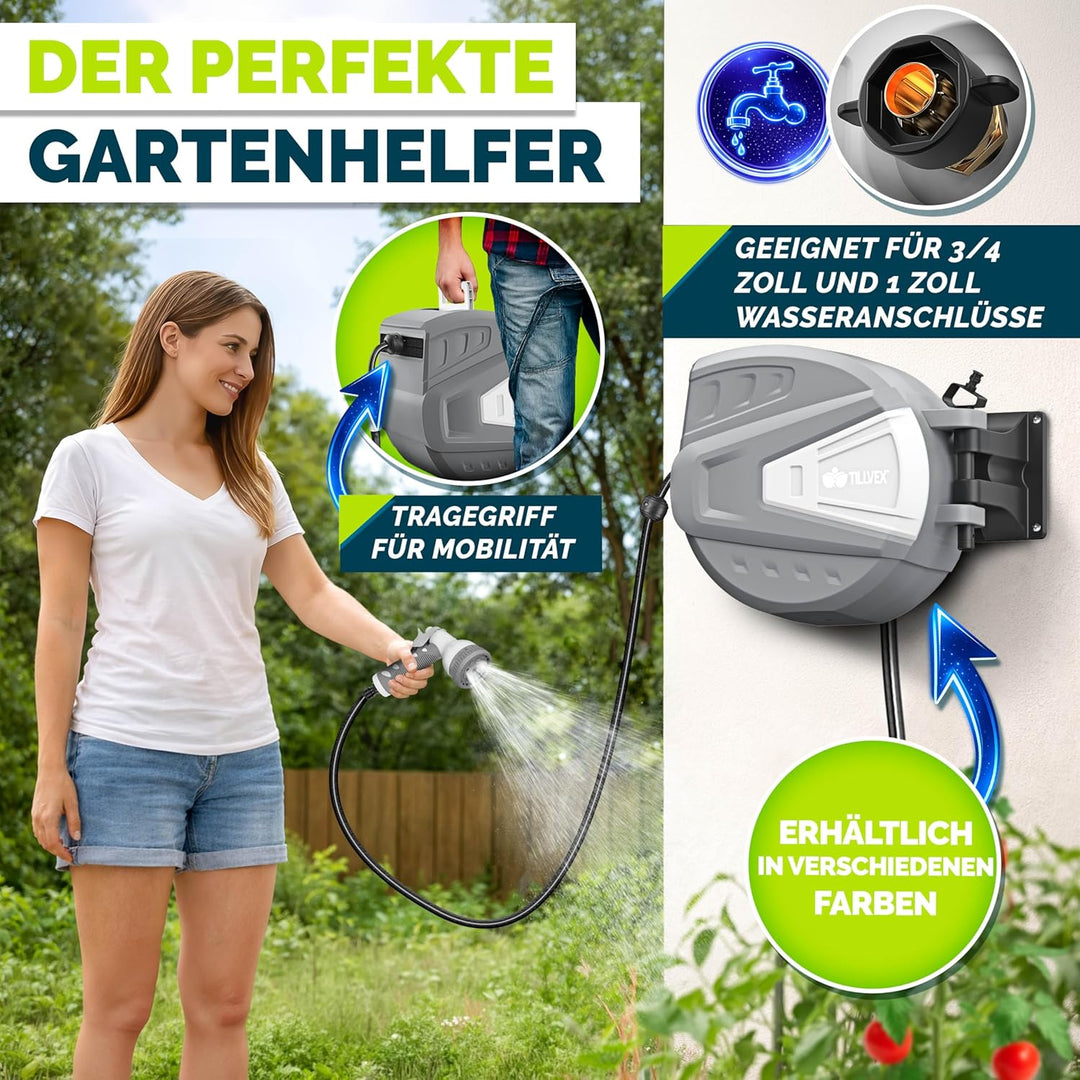 tillvex Schlauchtrommel Wasser 15+2m mit Wandhalterung + Tragegriff | Schlauchaufroller mit Handbrau