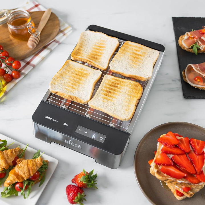 Ufesa Flachtoaster Kamut, 1000W mit 3 Quarz-Heizelementen, Horizontaler Toaster aus Edelstahl, XL-Gr