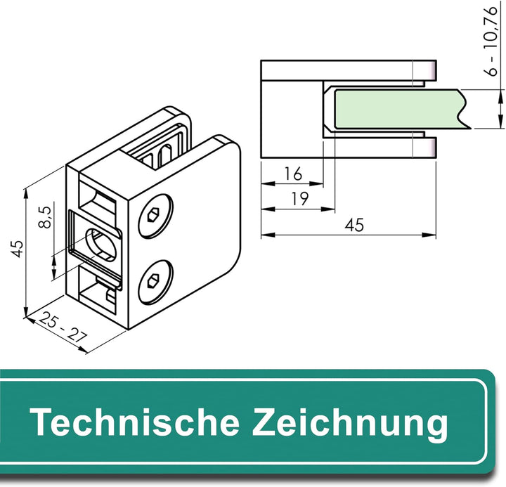 PRIOstahl Glashalter 4 Stück Glasklemmen Klemmhalter Glasplattenhalter Eckig 45 x 45 x 25-27 mm Ansc
