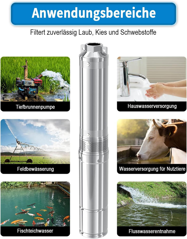LANCHEZ Tiefbrunnenpumpe, 120 L/min Brunnenpumpe, (Max. Förderhöhe 75 M | IP68 | 230V/50Hz | mit 10M