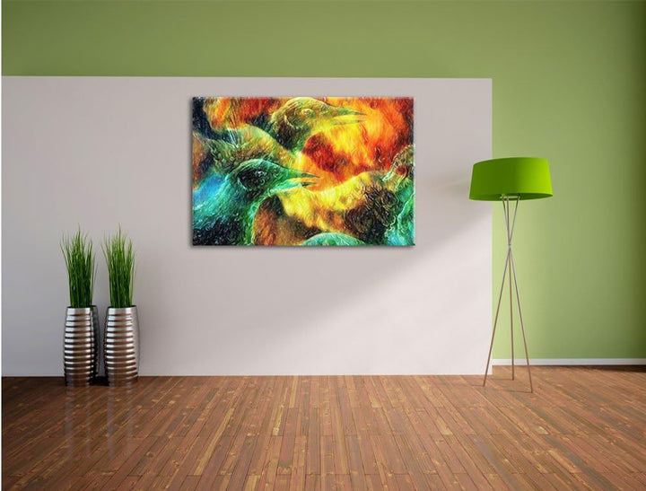 Pixxprint Vogel Phönix Collage Kunst Buntstift Effekt, Format: 100x70 auf Leinwand, 100x70