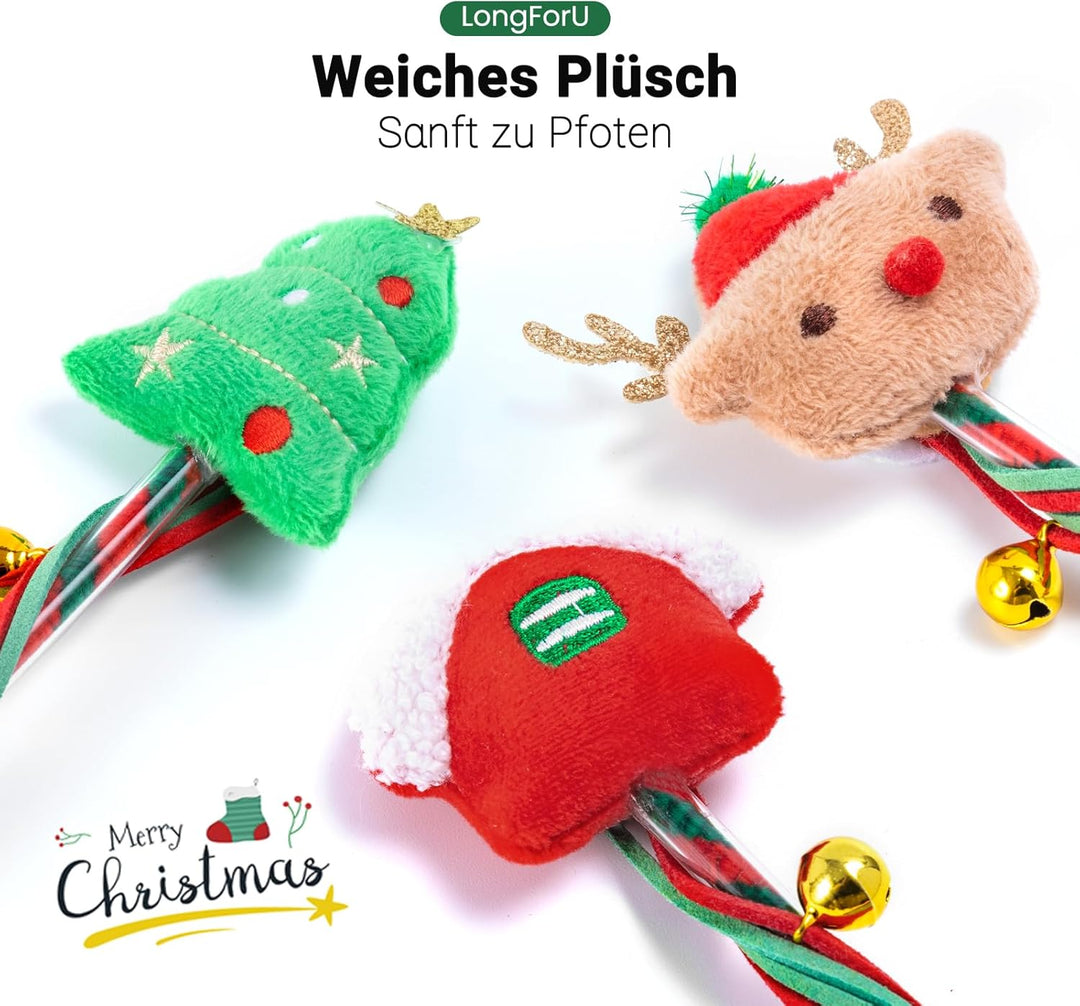 4 Stück Katzen Spielzeug Weihnachten Set - Interaktives Katzenangel Katzenspielzeug-Stab und Katzens