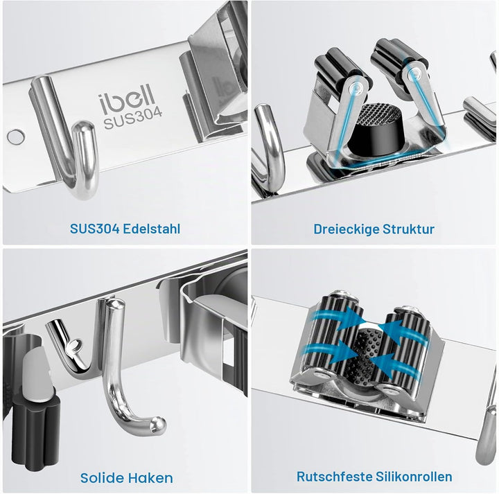 ibell 2 Stück Besenhalterung Wand, Gerätehalter Edelstahl mit 4 Halter und 5 Haken, Gartengerätehalt