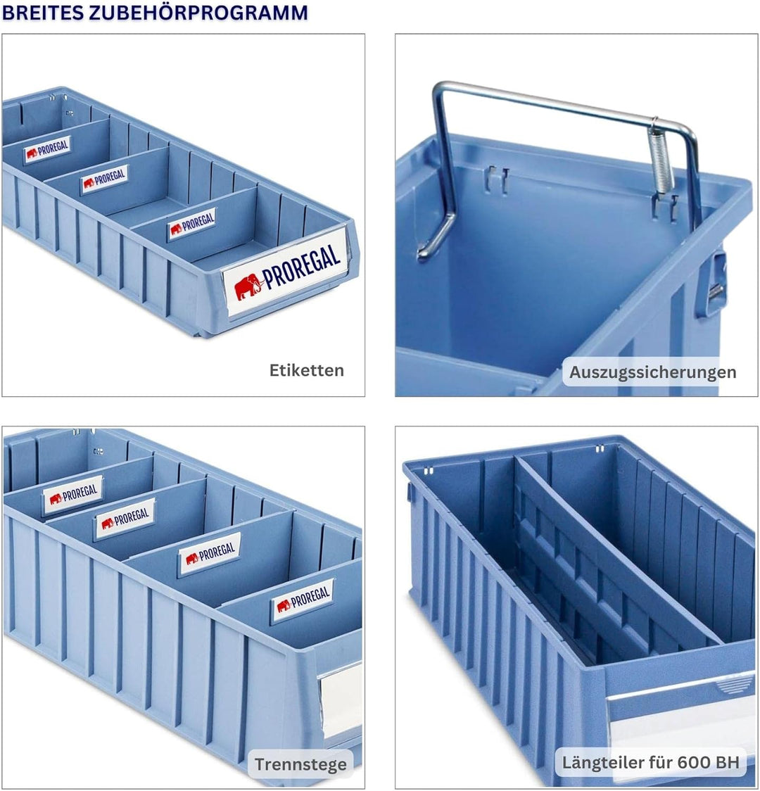 SparSet 5x Regalkasten 500 SN mit Etikett &amp; Schutzhaube | HxBxT 9x11,7x50cm | 3,5 Liter | Sichtlager